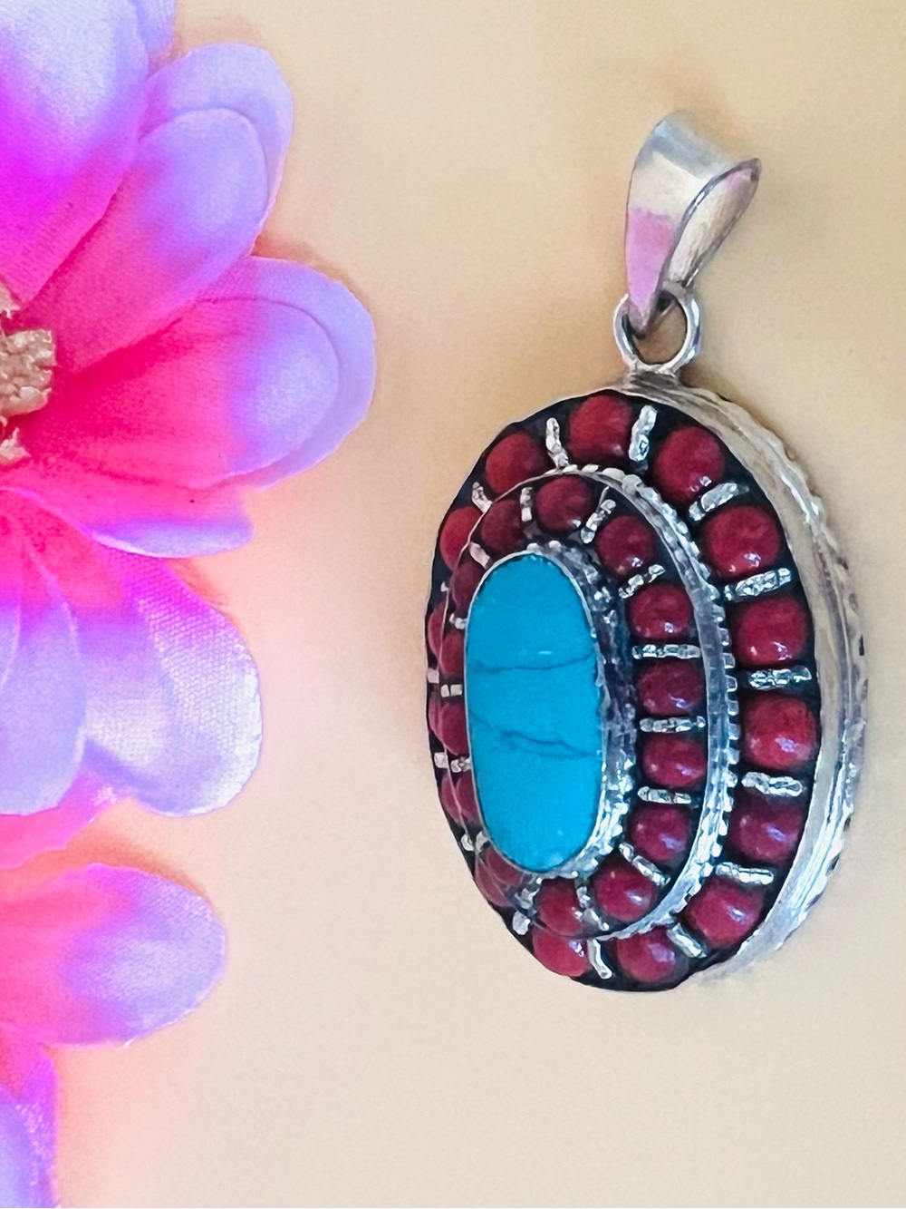 Blue Turquoise  & Coral Tibetan Nepalese Hanmade Vintage Oval  Pendant only
